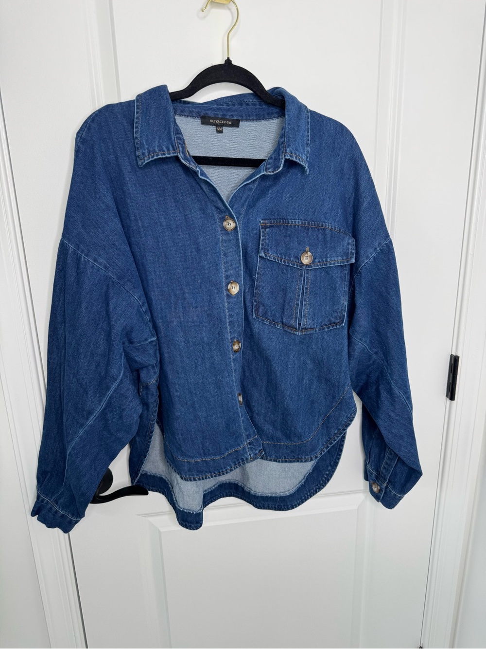 Olivaceous Dark Blue Denim Button-Down Shirt Jacket S/M
